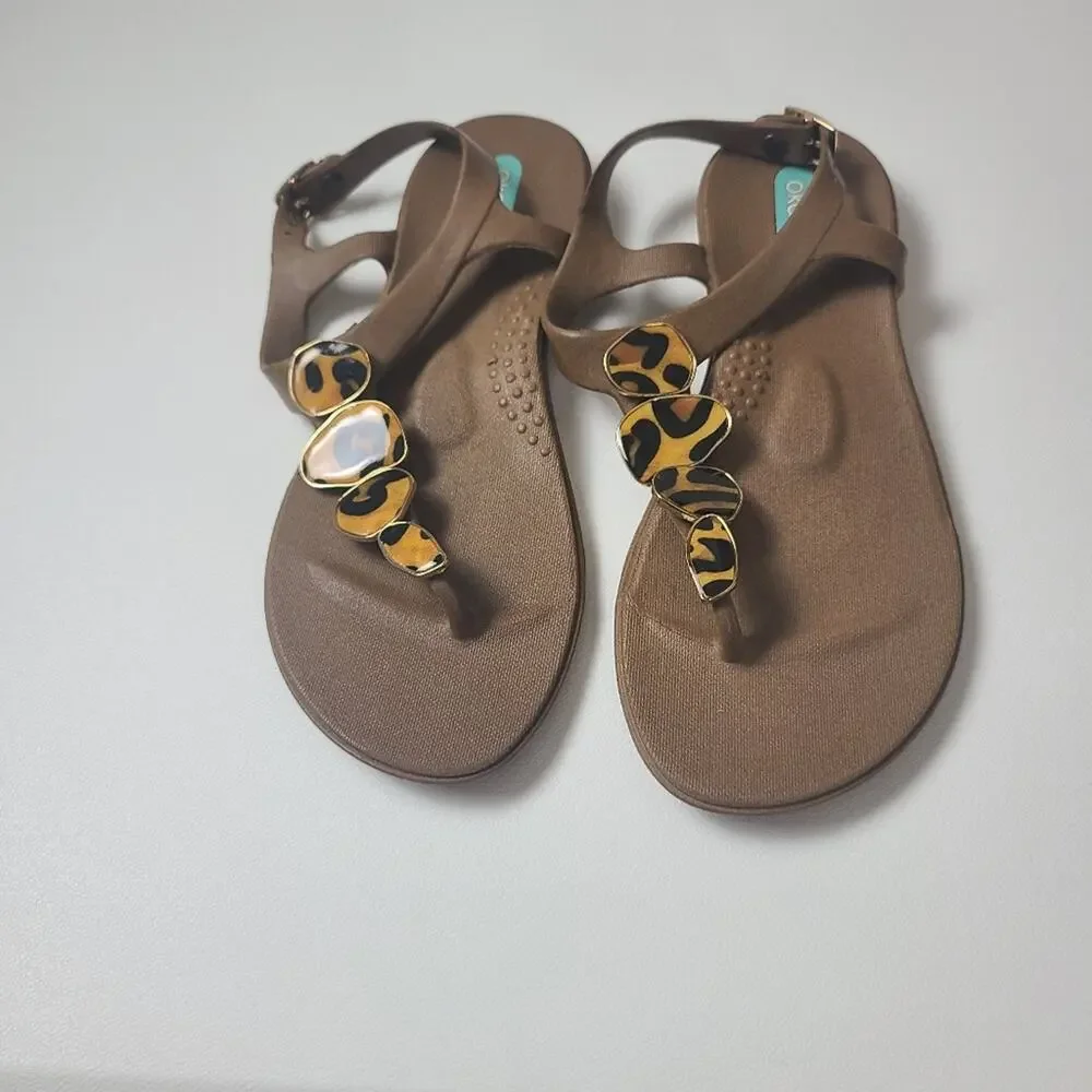 OkaB Leopold Button Sandals Brown Animal Print Ankle Strap Flats Arch Support 6